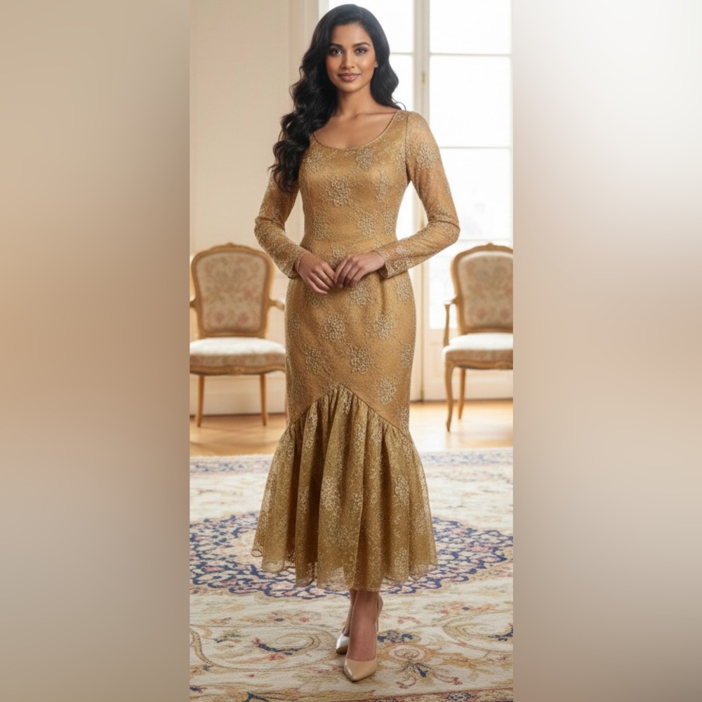 VTG ~ Couture ~ Peggy Jennings Elegant Shimmering Gold Long Sleeve Dress 💛